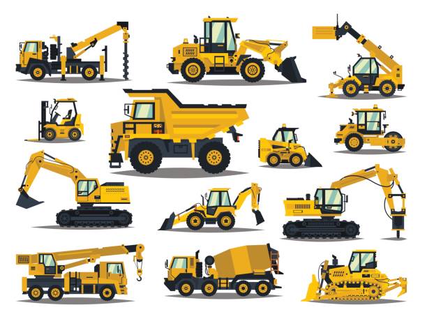 Big set of construction equipment. Special machines for the construction work. Forklifts, cranes, excavators, tractors, bulldozers, trucks. Special equipment. Road repair. Commercial Vehicles